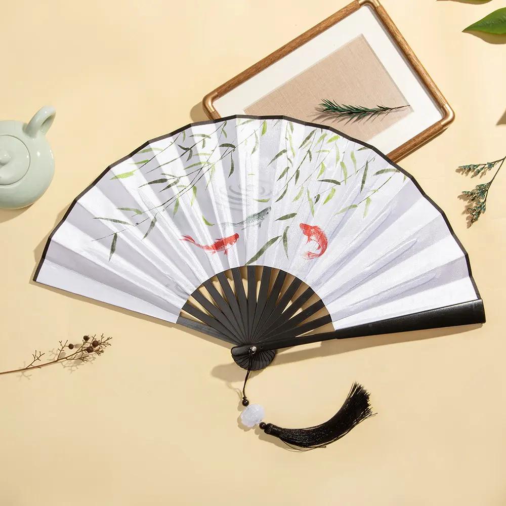 8inch Folding Fans with Chinese Style, Traditional Design, Double-Sided Silk Fabric, 18-Panel Color Printing, Suitable for Men and Women, Hanfu