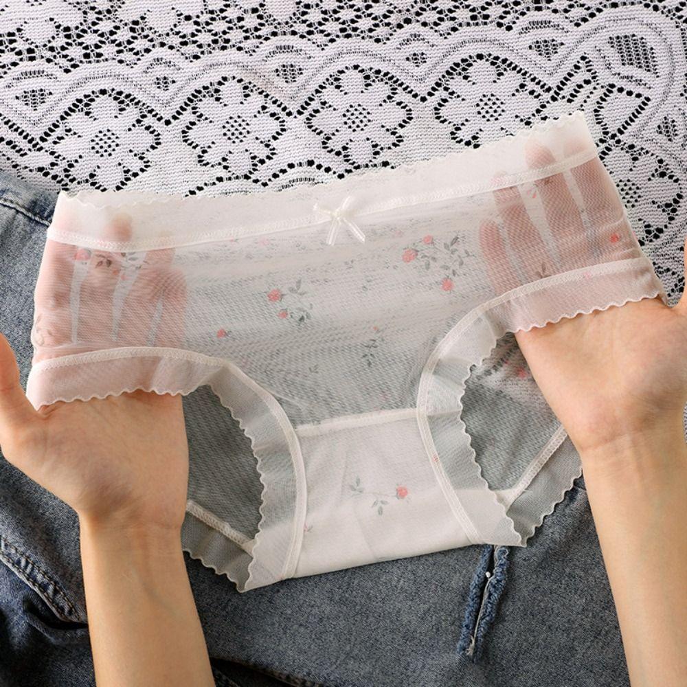 5PCS Mid Waist Transparent Floral Briefs Seamless Underwear for Women Mesh Flower Panties  Gifts
