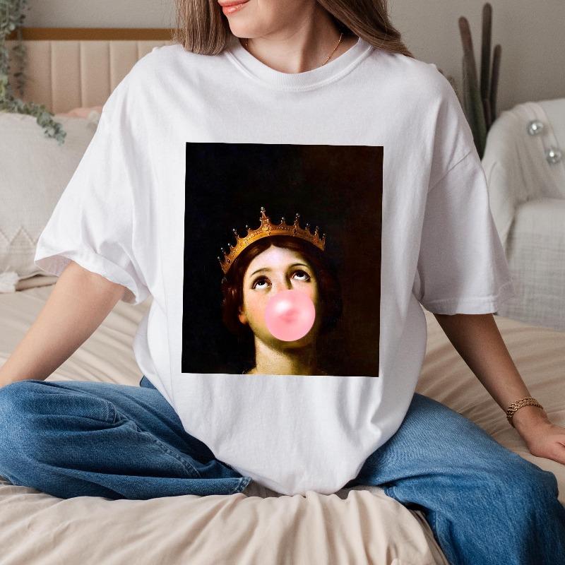 Bubble Gum Queen Renaissance Art Tshirt Fun Pattern Summer New Retro Street Unisexs and Womens Casual Fashion Y2K Tshirt