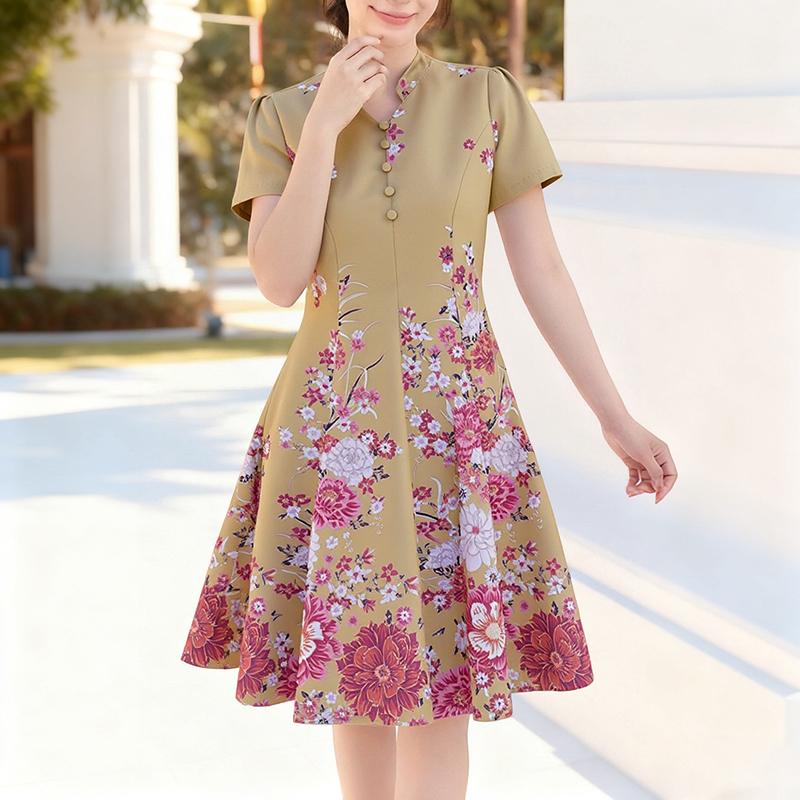 

ZANZEA Women Casual V-Neck Short Sleeve Summer Floral Print Dress 5XL хаки