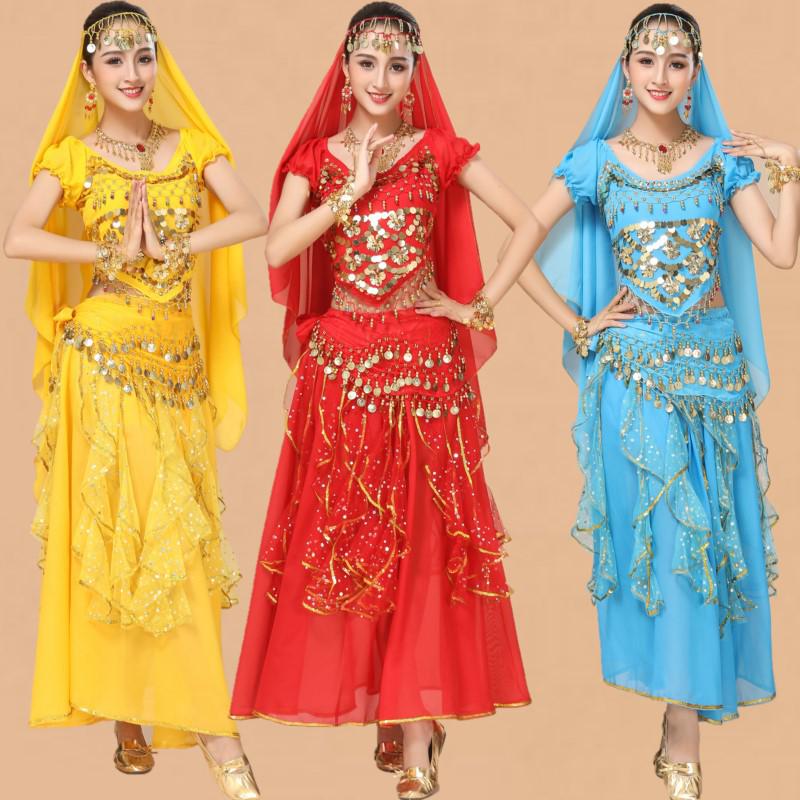 

Indian Belly Dance Costume for Women - Ethnic Stage Performance Skirt Set with Short Sleeves One Size