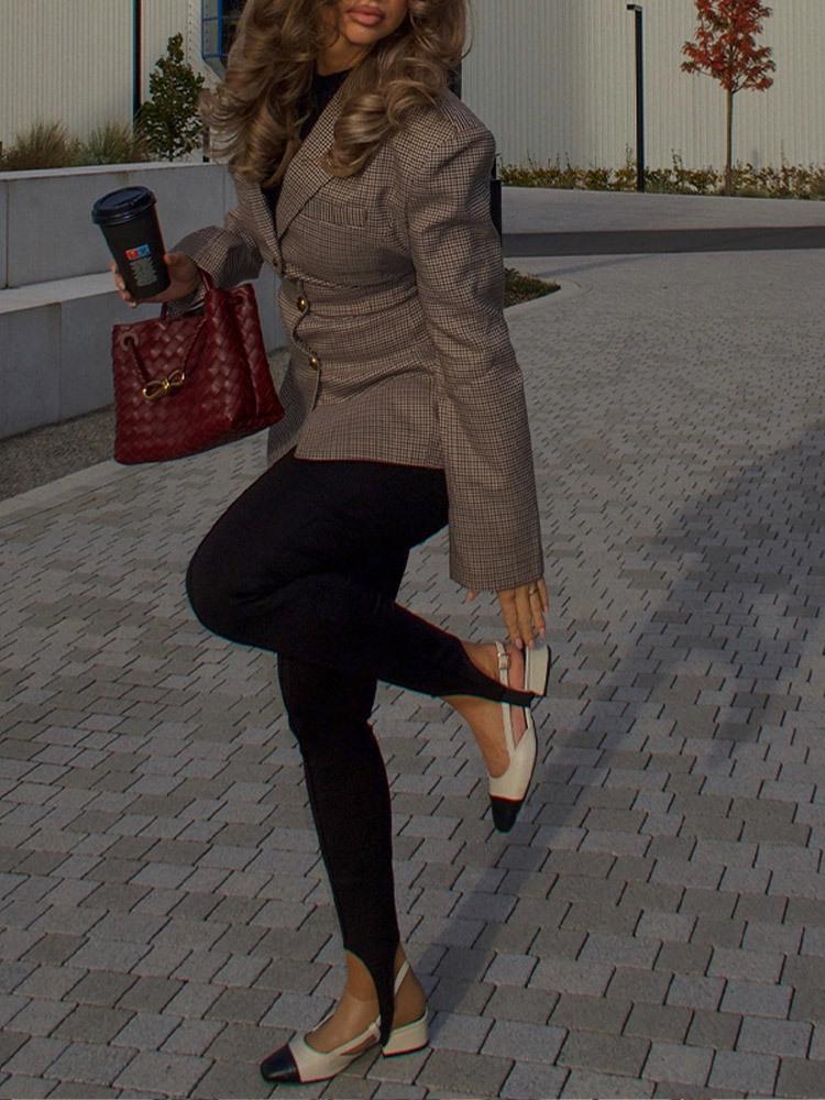 2024 Euro-American Plaid Waist-Cinching Slim-Fit Coat with Long Sleeves and Turn-Down Collar for Autumn/Winter Fashion