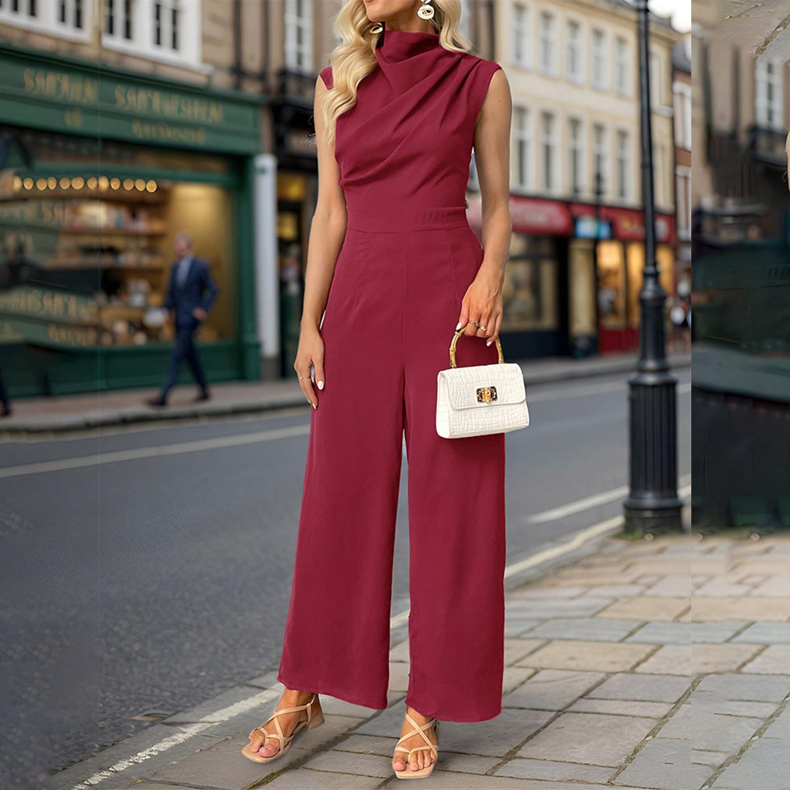 

Women s Casual Sleeveless Color Sleeveless Color Swing Collar Wide Leg Pants XL винний