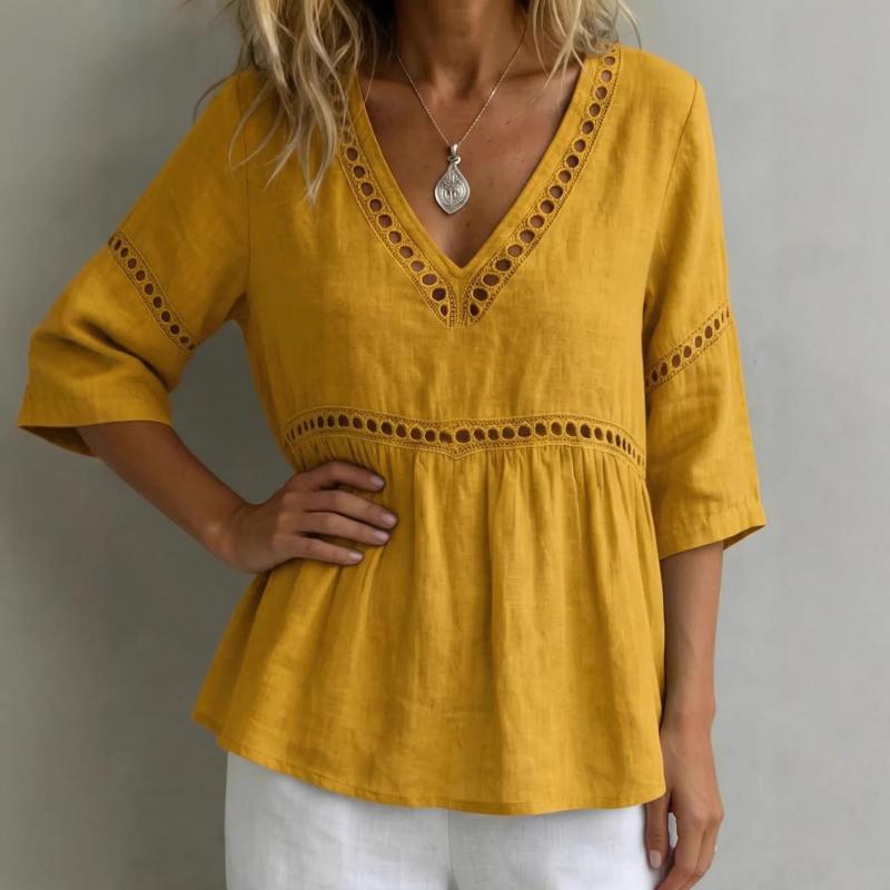 2026 New Women's Solid Color V-neck Hollow Casual Top with Lace Trim Cotton-Linen Shirt