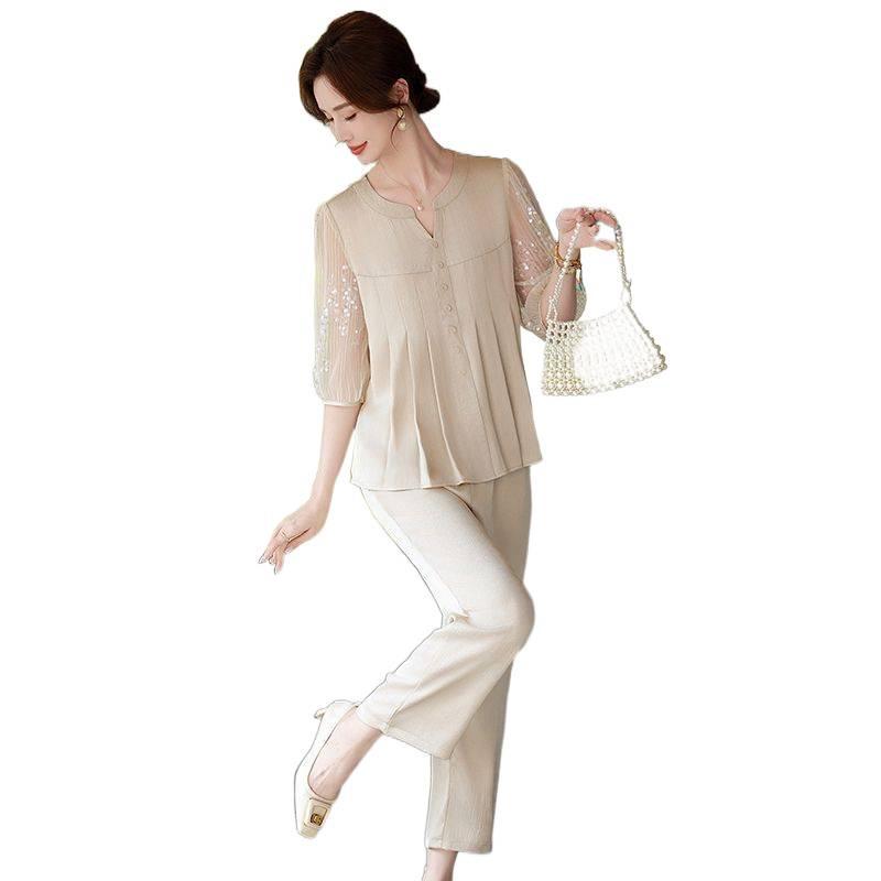 2026 Mom's Summer Mid-Sleeve Chiffon Blouse & Top Two-Piece Set for Middle-Aged and Elderly Women