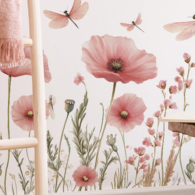 2PCS Watercolor Pink Flower Dragonfly Bedroom Porch Background Wall Beautify Wall Sticker Room Decoration