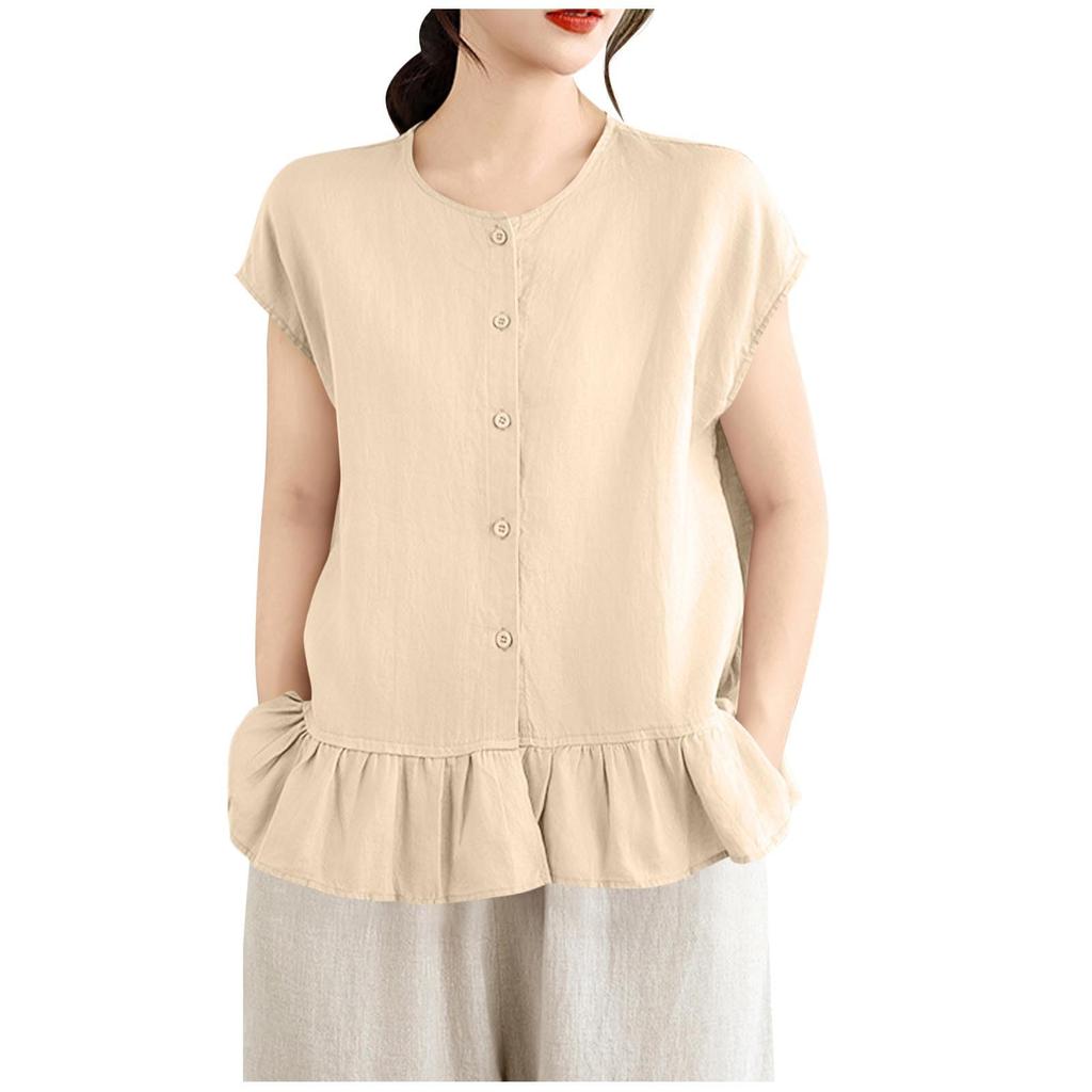 Women Short Sleeve Ruffle Hem Peplum Tops Crewneck Button Down Shirts Casual Fashion Blouse