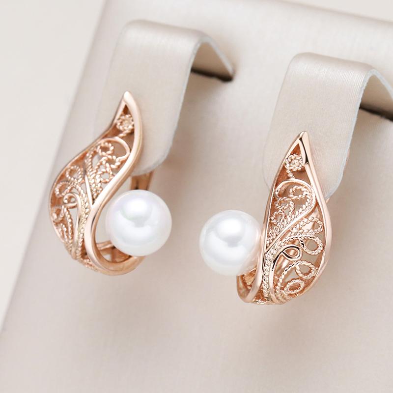 New  Rose Gold Color Dangle Earrings Women Hollow Flower White Round Shell Pearl Earrings Ethnic Bridal Fashion Jewelry
