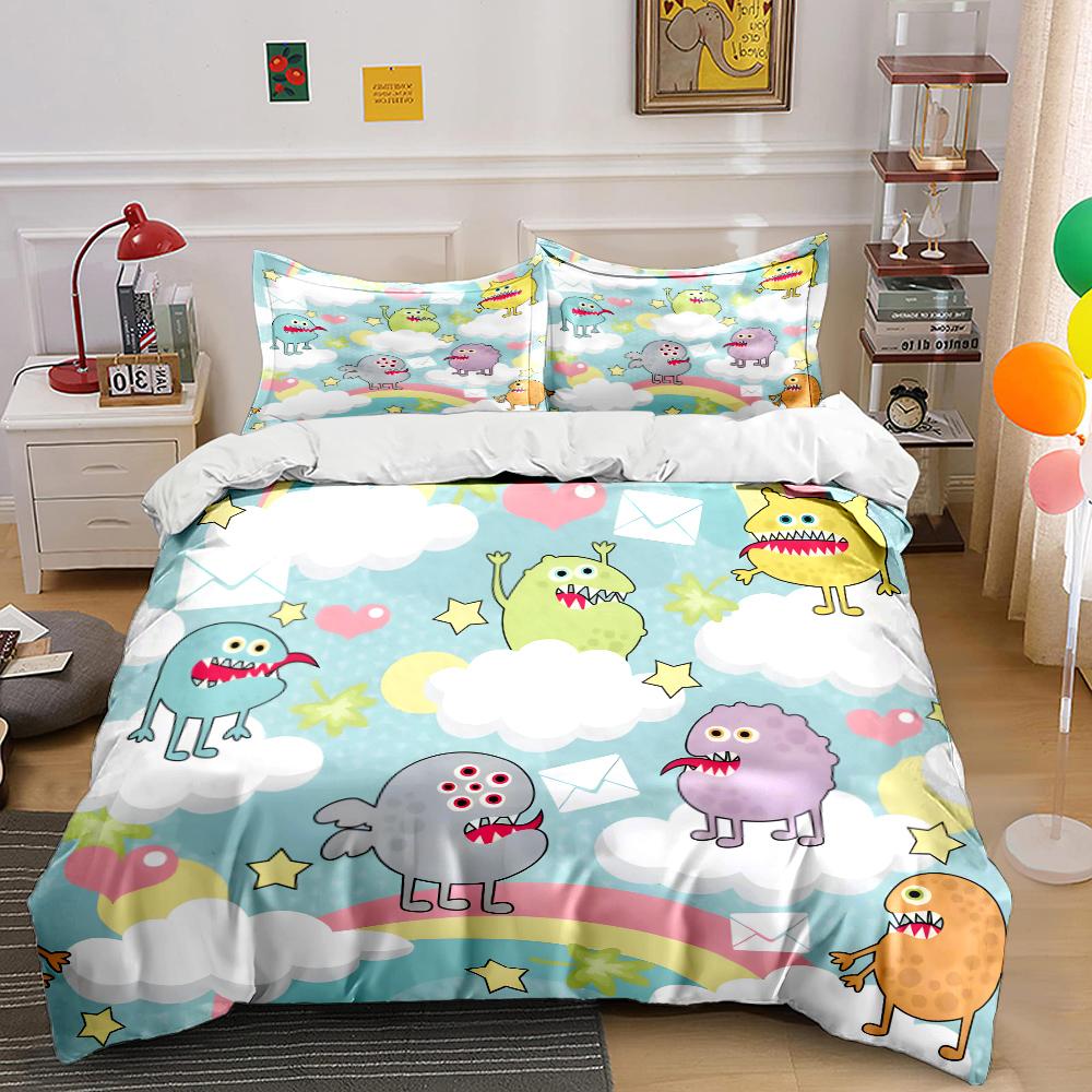 Cartoon monsters among clouds and rainbows Bedding Set for Kids Luxury Gift 3pcs Digital Print Comforter Set Soft Comfortable