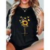 Women Casual T Shirt Black Sunflower Butterfly Faith Print Loose Fit Top For Everyday Wear Summer Outfit