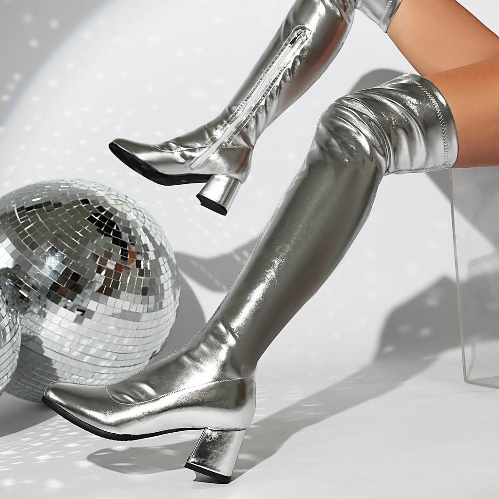 Krazing Pot PU Autumn Winter Shoes Thick High Heels Super Size Stovepipe Boots Round Toe Keep Warm Zipper Over-the-knee Boots