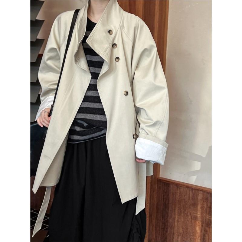 Johnature Autumn Solid Color Stand-up Collar Cropped Trench Coat Jacket Women Lace-up Fashion Korean Coats