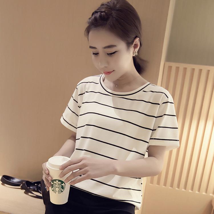 New Summer Korean Style Loose Large-size Striped Short-sleeved T-shirt Women's Top Base Shirt Women's