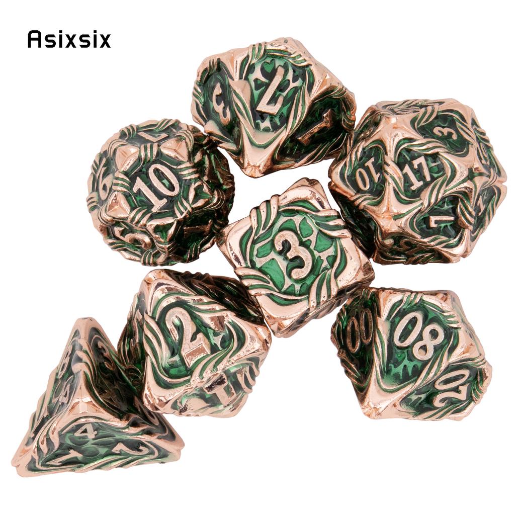 7 Pcs Yellow Green Tree Vine Metal Dice Solid Metal Polyhedral Dice Set Suitable for Role-Playing RPG Board Game Dice RPG