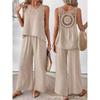 Women's O Neck Sleeveless Solid Back Cutout Tank Top Elastic Waist Wide Leg Long Pants 2 Piece Outfit Casual Daily Vacation Tracksuit Set