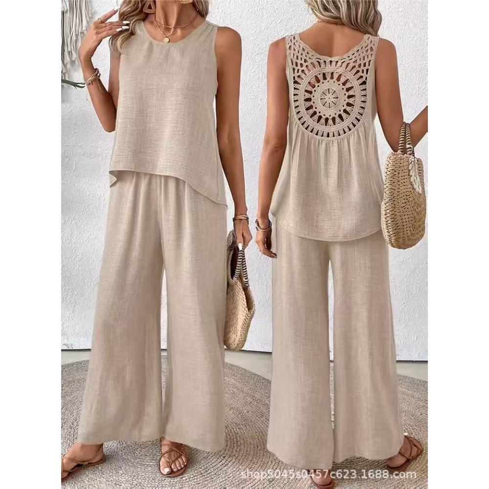 Women's O Neck Sleeveless Solid Back Cutout Tank Top Elastic Waist Wide Leg Long Pants 2 Piece Outfit Casual Daily Vacation Tracksuit Set