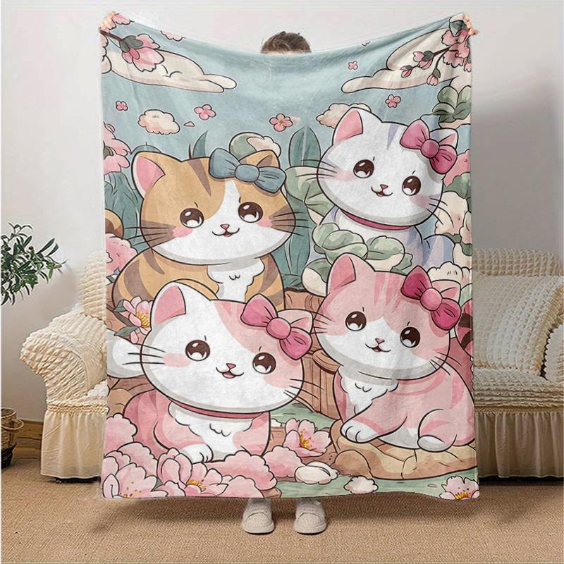 1pc Cartoon Cute Four Kittens Blanket Room Decor, Soft Bedding Cover, Living Room, Travel, Camping, Car Blankets, Beach