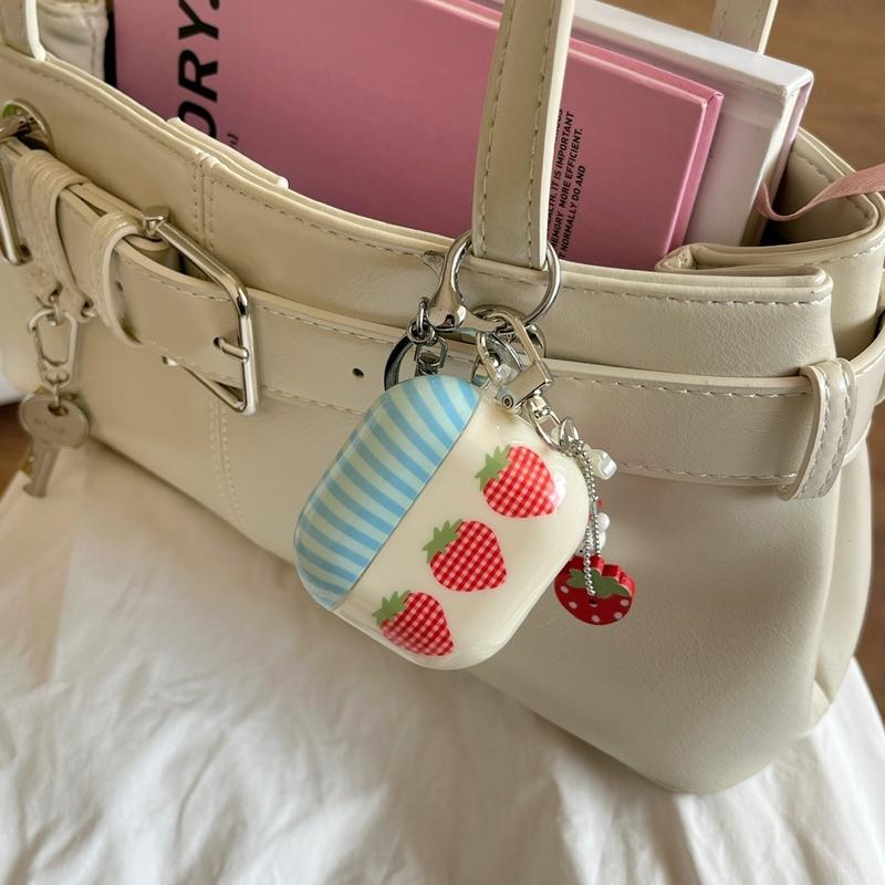 Blue Stripe Cute Plaid Pattern Three Strawberries With Charm Pendant Earphone Case Cover for AirPods 1 or 2 3 4 Pro 2 Pro 3