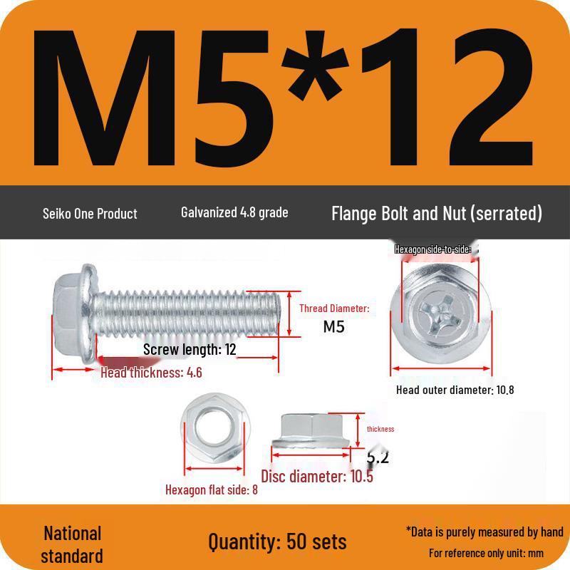 Galvanized Hex Bolt & Nut Set with Washer, Anti-slip, 4.8 Grade, Cross Flange Head, M4-M8 Sizes.