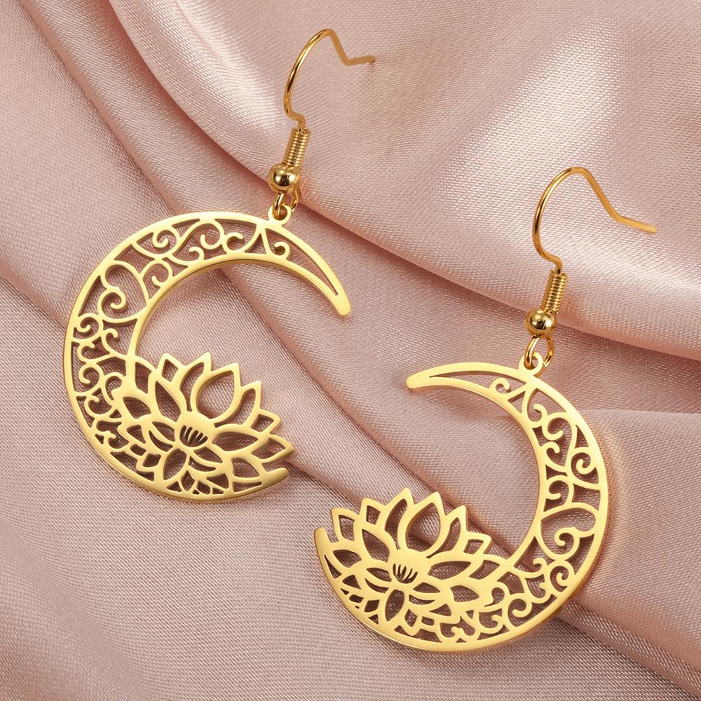 Dawapara Lotus Flower Dangle Earrings for Women Stainless Steel Round Flower Charm Yoga Jewelry Buddhist Spiritual Amulet