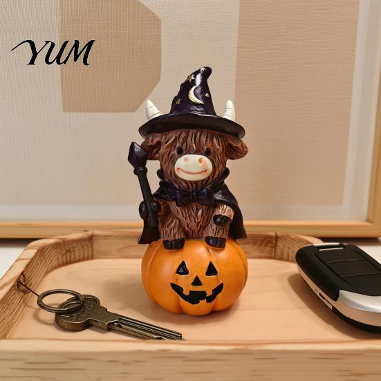 Unique Holiday Presents 2Pcs Halloween Highland Cow Witch Ornament, Resin Figurine with Hat Pumpkin Broom Farmhouse Table Ornaments & Skull,