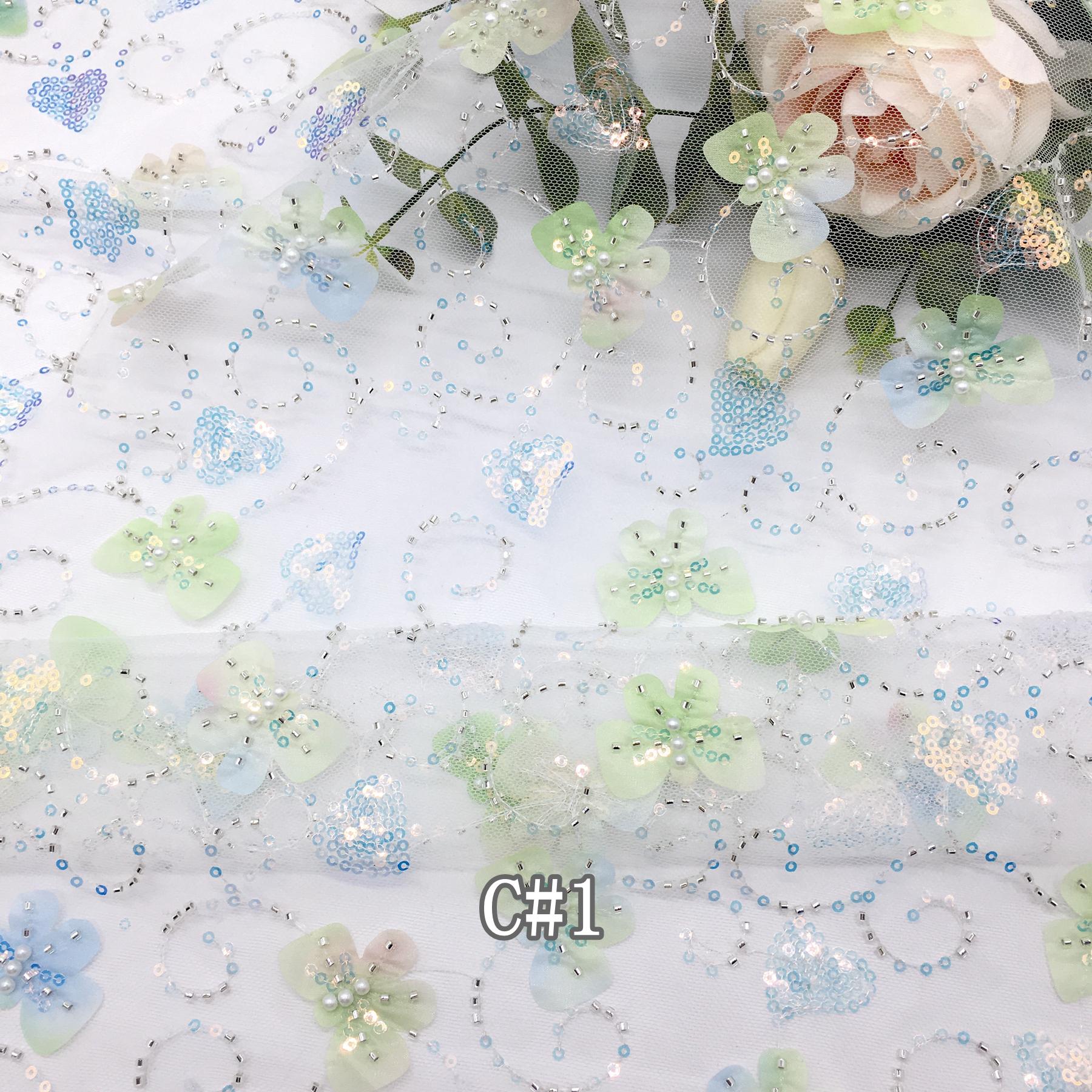 Golden Supplier CR163 Laser Cut Flower Embroidery Tulle 3d Lace Fabric Soft Lace Sequin  Beaded Embroidery  Fabric for Garments