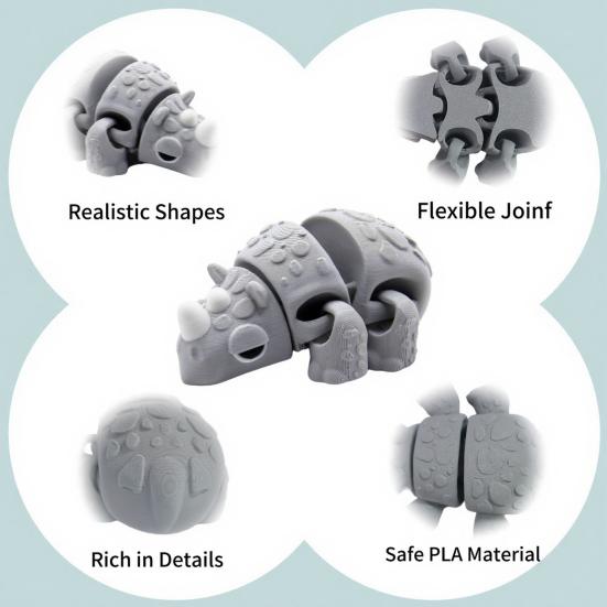 3D Printed Articulated Rhino Figure, Mini Cartoon Animal Model, Flexible Joint Fidget Stress Relief Toy, Educational Playset for Kids, Micro