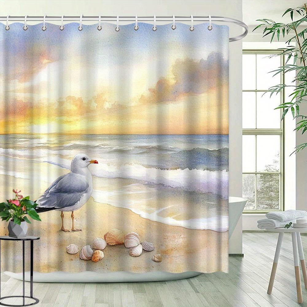 Ocean Scenery Shower Curtain - Sunset Beach Watercolor, Seagulls & Shells, Natural Landscape, Polyester Fabric,Includes 12 Hooks