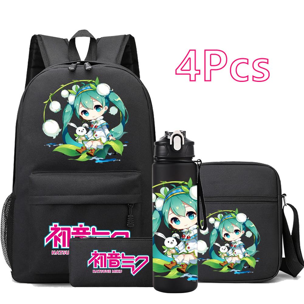 4Pcs/set Anime Hatsune Miku Printed Backpack Bookbag Shoulder Bag Case Bag with 750Ml Water Bottler for Boy Girl Large Capacity Waterproof Schoolbag