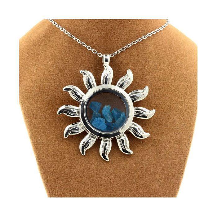Necklace - Stones and Minerals - Neon Blue Apatite - Stainless Steel - Sun Model - Unisex