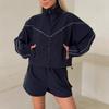 Women 2 Piece Set Zip Up Jacket Shorts Tracksuit Oversized High Waisted Active Wear Solid Color