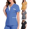 V-Neck Short Sleeve Hospital Nurse Tops Patchwork Color Pockets Buttons Neckline Tops Dental Surgery Tops Workwear