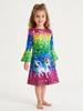 Girls' Cartoon Printed Gradient Multi-color Long-sleeved Flared Sleeve Round Neck Dress Suitable for Ages 2-7