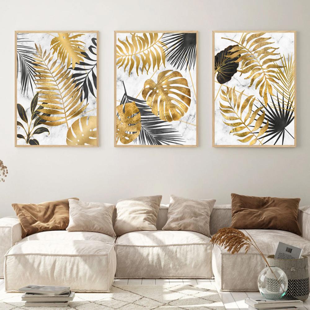 Abstract Modern Golden Leaves Monstera Posters Prints Plants Canvas Paintings Interior Cuadros Home Wall Art Decor Pictures