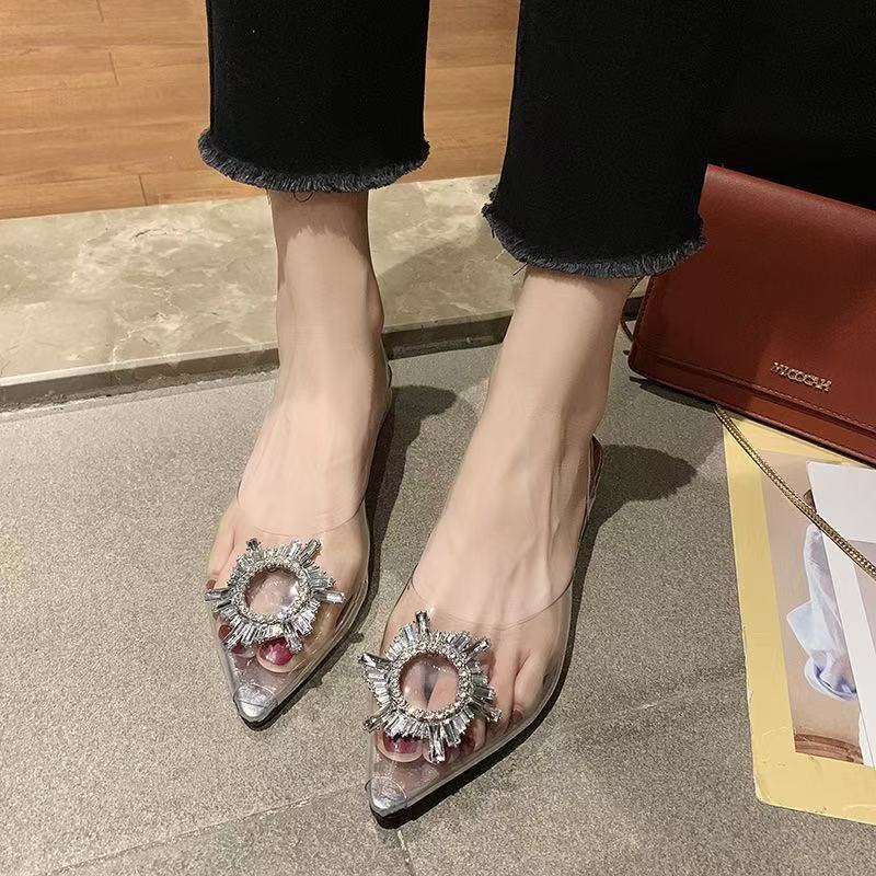 Spring and summer new pointed toe with sunflower high heels transparent crystal shoes thick heel wine glass and sandals women