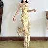 2026 Summer New European and American Women's Clothing Fashion Irregular Split Neck Strap Sleeveless Flower Dress