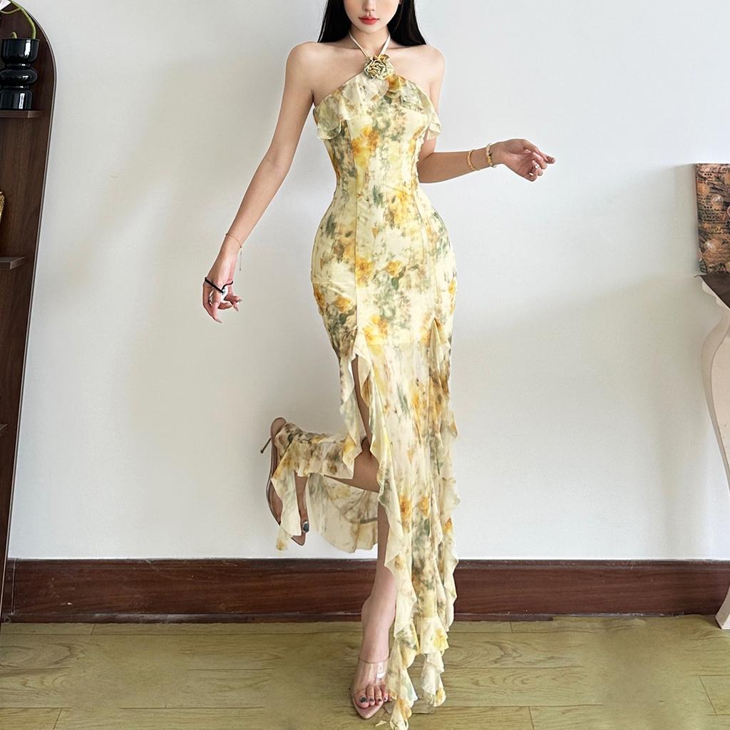 2026 Summer New European and American Women's Clothing Fashion Irregular Split Neck Strap Sleeveless Flower Dress