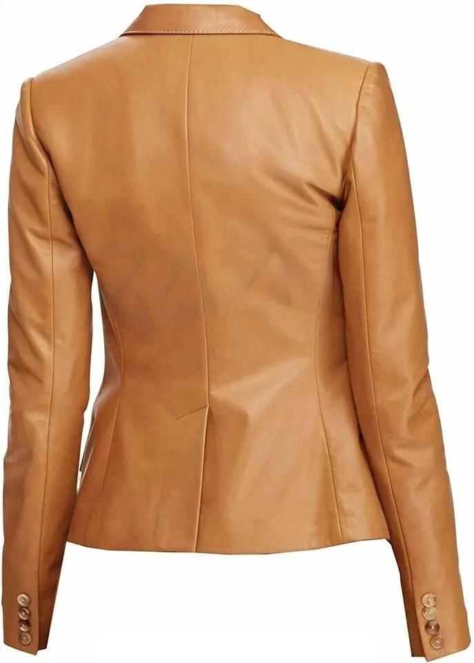 Party Wear Designer Elegant Tan Women Genuine Lambskin Leather Blazer Handmade Formal