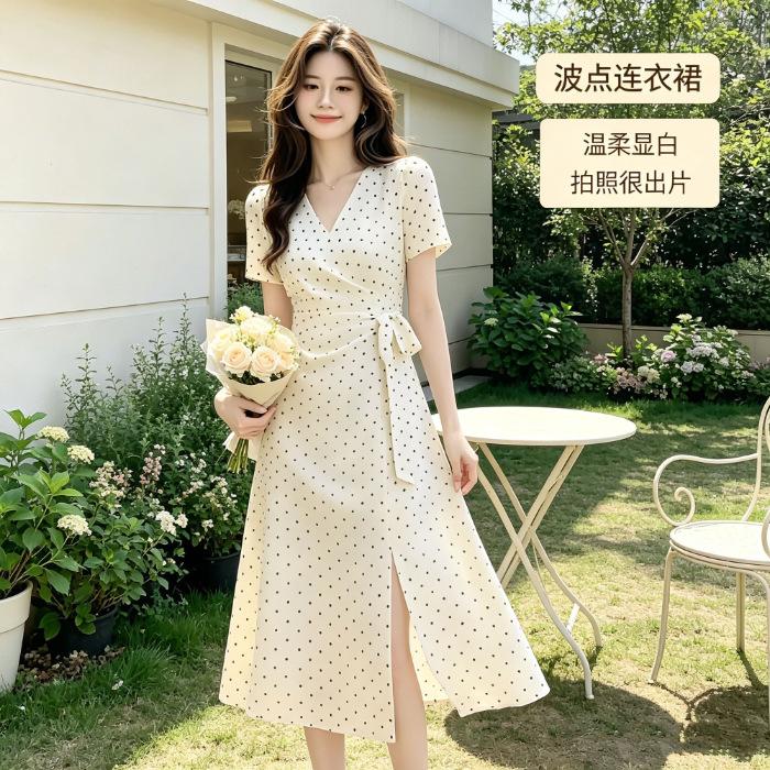 New French Elegant Style Fashion Temperament Polka Dot Waist Dress V-Neck Short Sleeve Skinny Medium and Long Dress