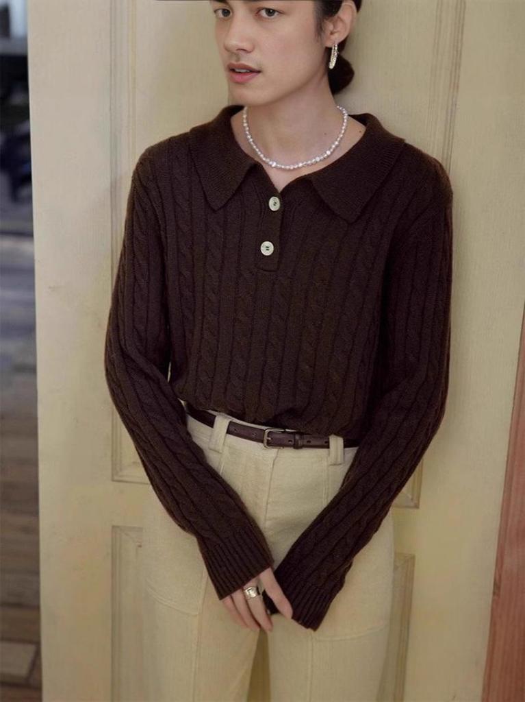 Autumn/Winter POLO Collar Cable Knit Wool Pullover Sweater, Long Sleeve and Loose Fit.