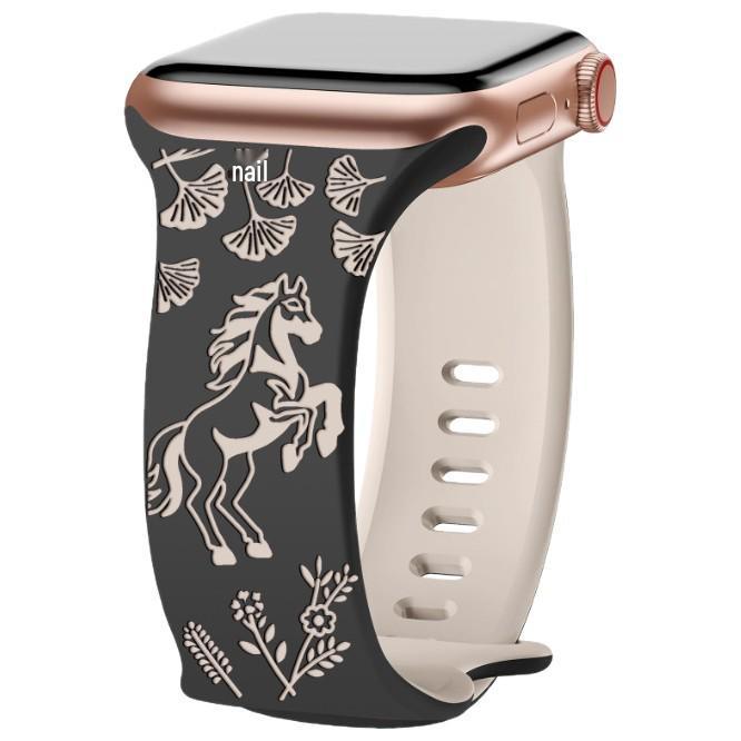 Совместимый ремешок для Apple Watch (Серия 1-10) с разноцветной пряжкой-бабочкой - Двухцветный силиконовый дизайн с цветочными и конными узорами