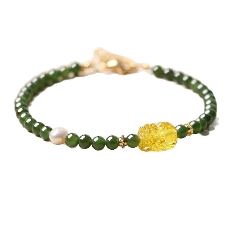 Xiaomi Bead Natural Jadeite Crystal Bracelet for Women, New Style Wealth-Bringing Amber Pixiu Bracelet, Emerald Green