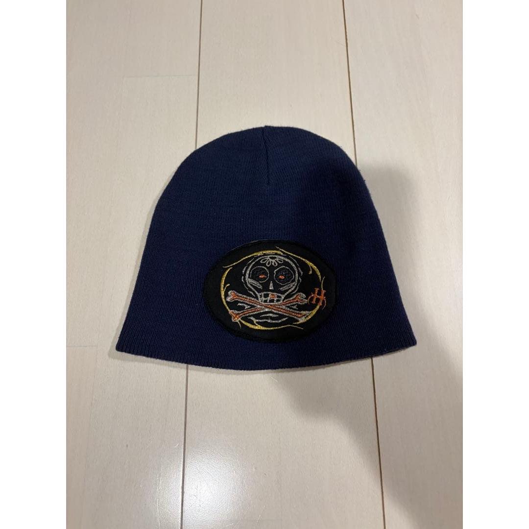 Used [Made in the USA] HIGGZ Beams Skull Patch Knit Hat Beanie Navy