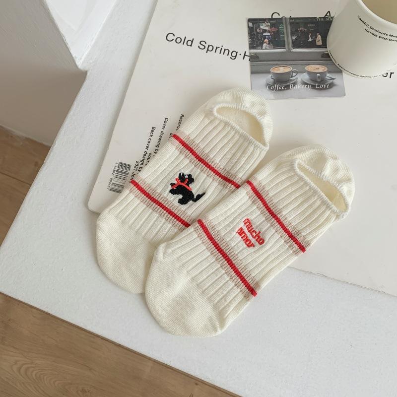 

Женские весенне-летние носки-подследники из чистого хлопка в полоску с принтом собаки, невидимые, противоскользящие, в студенческом стиле, AB-стиль 1 pair молочный белый