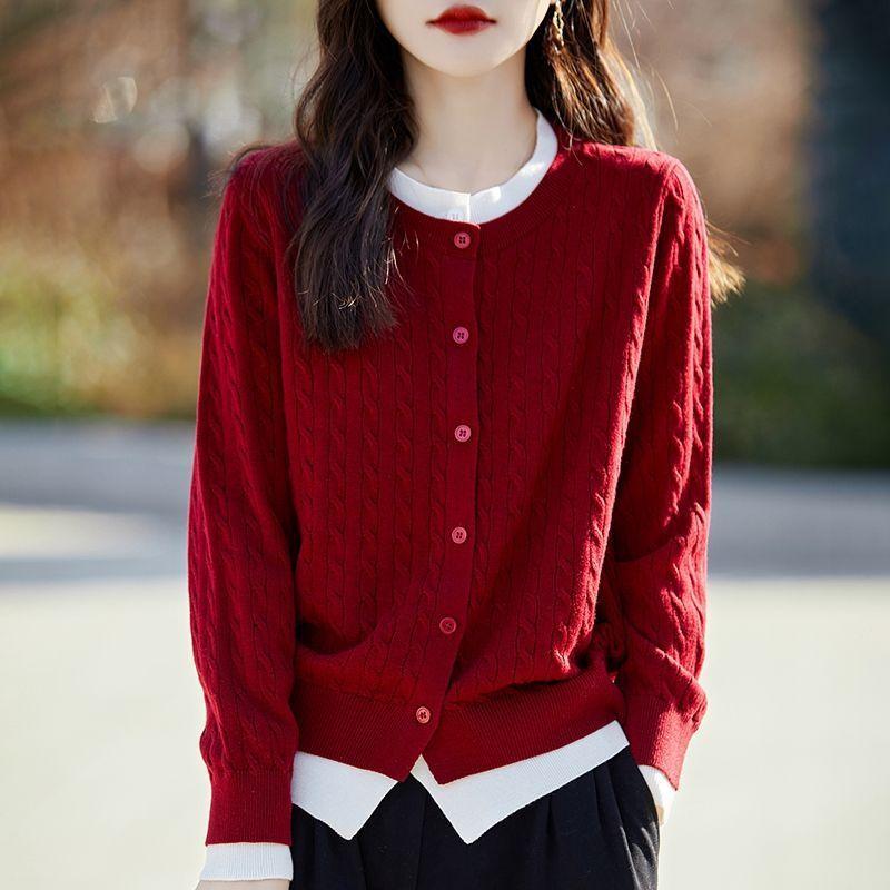 Crew Neck Color Matching Fake Two-piece Cardigan Women's Autumn and Winter New Loose Twist Women's Sweater Jacket Knitted Top