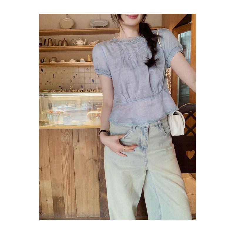 New Lace Spliced Puff Sleeve Chiffon Blouse for Women, Summer Tencel Ramie Short Top