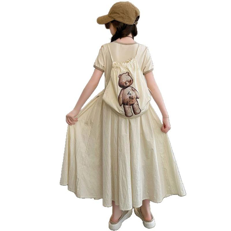 Mädchen Koreanisches Einfarbiges Knielanges Kurzarmkleid Sommerlich Lässig Prinzessinnenkleid