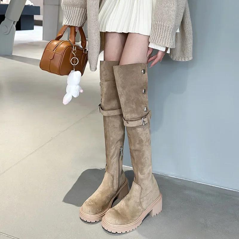 Vintage Women Over The Knee High Boots Fashion Back Zippers Shoes Autumn Winter Thick Heel Women's Long Booties