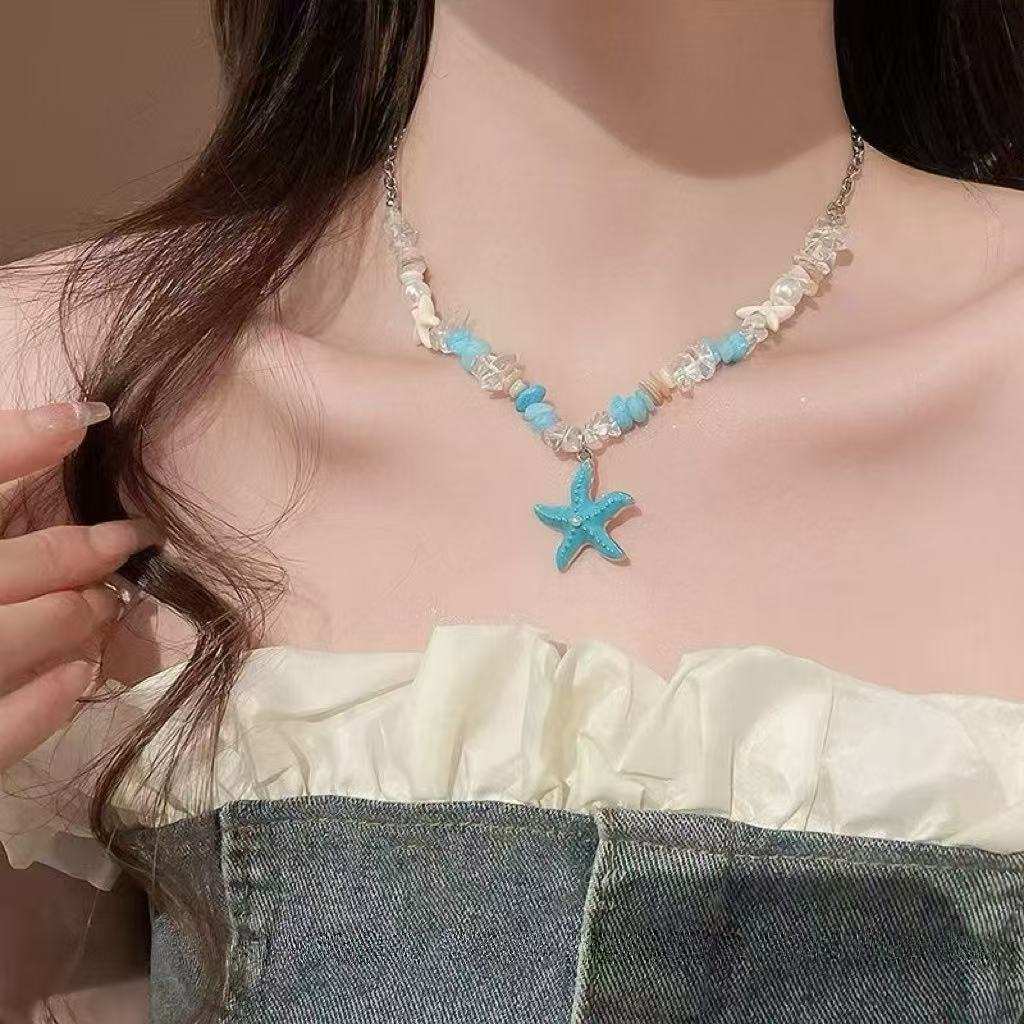 Seaside vacation wind cute pearl shell starfish beaded necklace female ins fairy niche men collarbone chain accessories