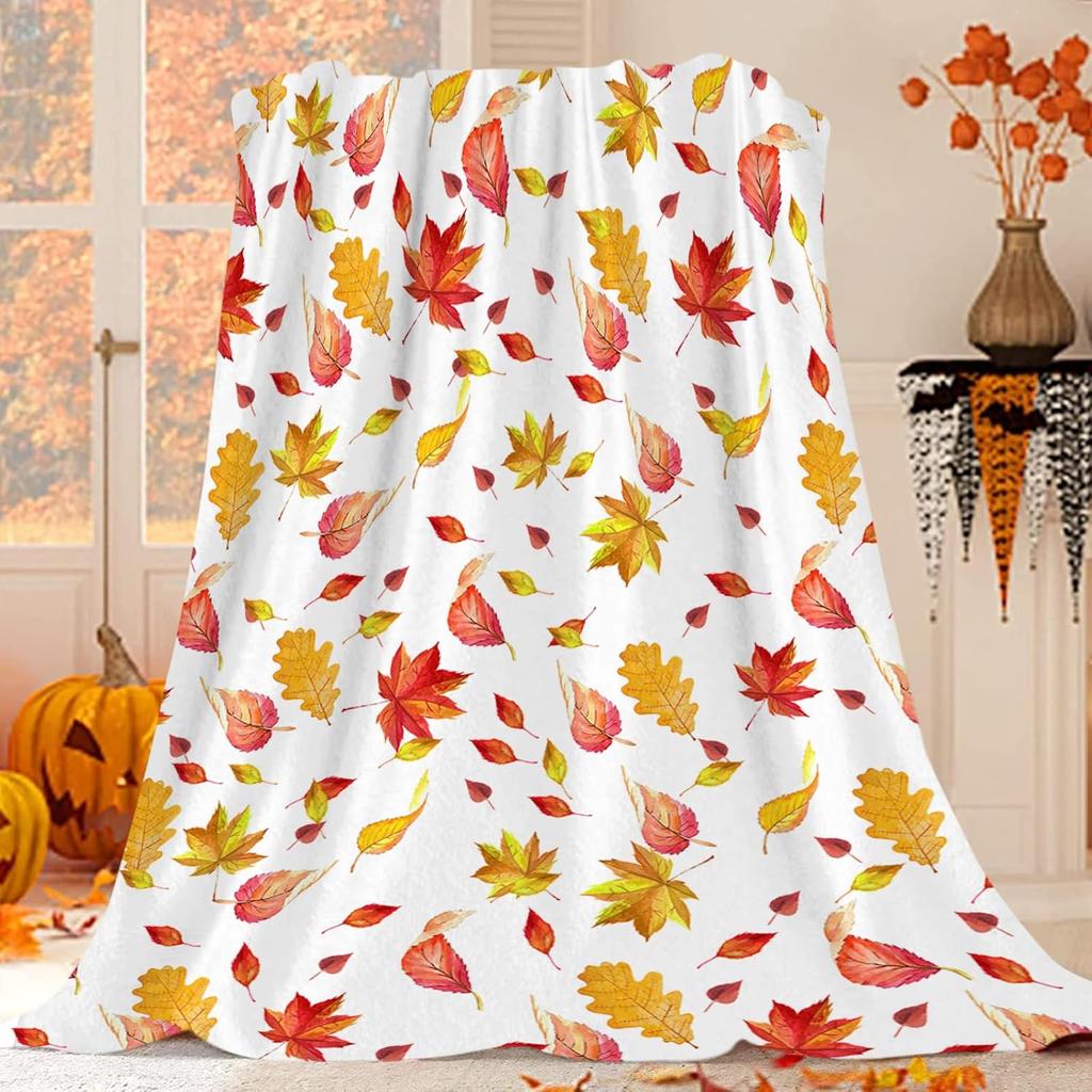 Harvest Autumn Throw Blanket Pumpkin Farmhouse Fallen Leaves Blanket Cozy Soft Lightweight Flannel Plush Blankets for Bed Couch